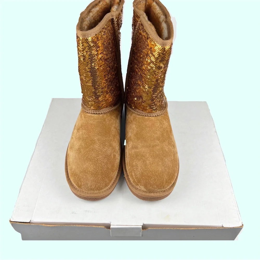 Lamo Asbery Tan Suede/Gold Glitter Pull On Boots Size 8